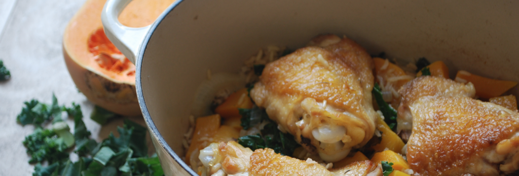 One Pot Chicken with Kale and Butternut Squash - header