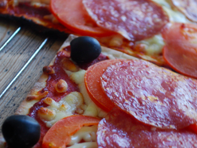 Mozzarella, Salami and Olive Pizza